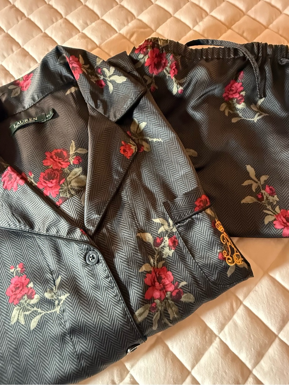 Lauren Ralph Lauren Satin Long Pajama Set Gray Herringbone Red Floral 2X